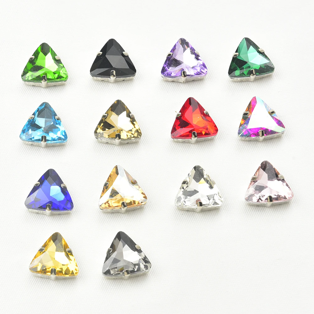 New arrival 18mm colored triangular crystal glass with silver and gold metal claws, used for DIY clothing/shoes/bags
