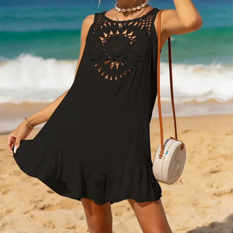 BWQ-vestido de madera de empalme de ganchillo hecho a mano para mujer, Vestido corto de playa ahuecado, pareo de Bikini, vacaciones de verano, Color sólido