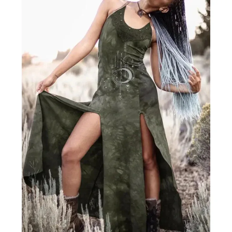 Abito Boho vintage da donna HIippie gotico medievale luna stampa sole scollo all'americana diviso maxi abito estivo costume da strega di loto ZZs;2,