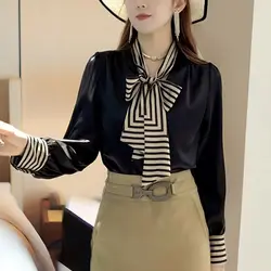 Elegant Bow Drawstring Chiffon Shirt Women's Clothing Solid Color Striped Patchwork Spring Autumn Fashion V-Neck Button Blouse