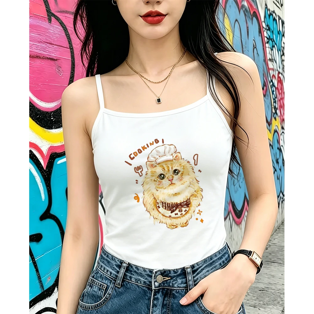 Ginger Cat Cami Women Brown Chef Hat Print Tank Top Sleeveless Vest Summer Trendy Fashion Sweet Daily Wear Cartoon Art Style Tee