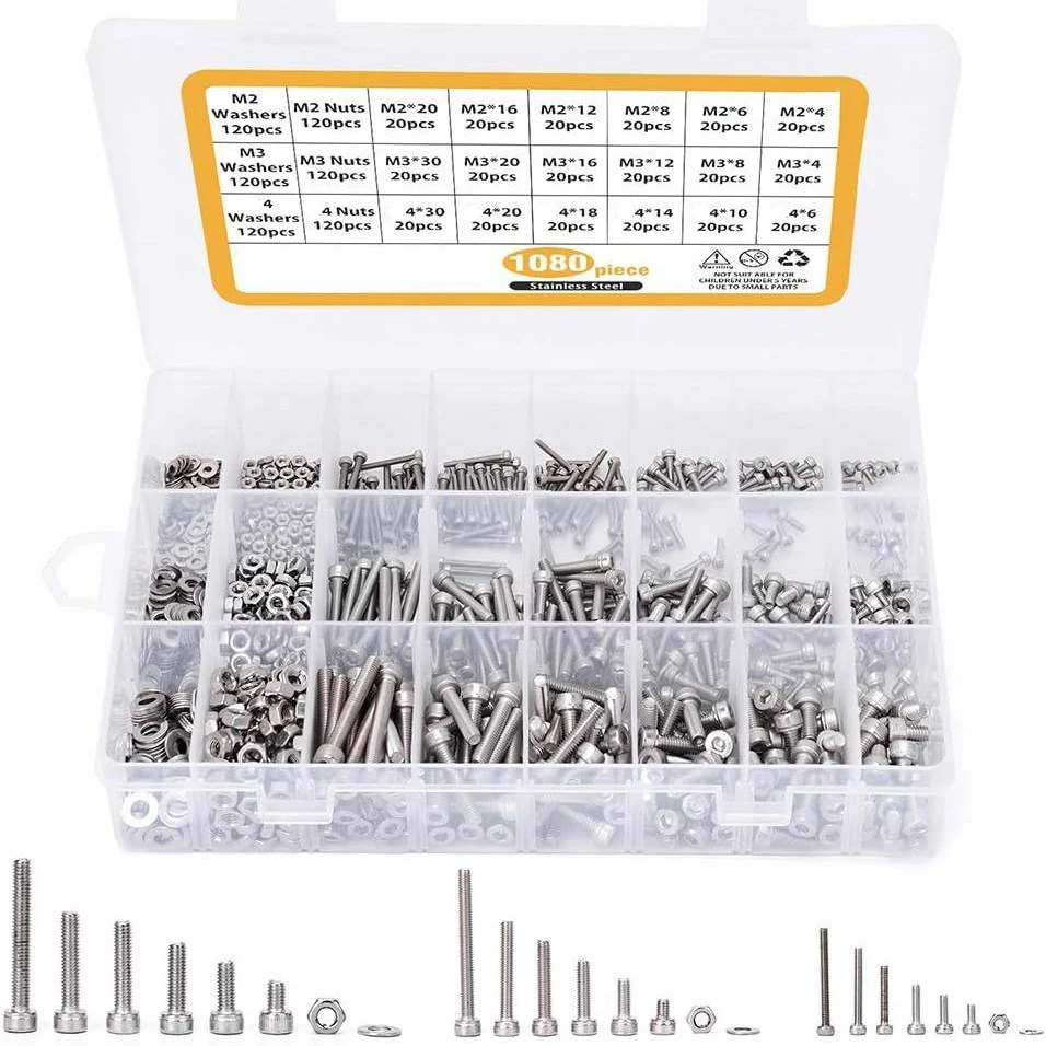 1080pcs 304 Stainless Steel Hex Socket Cap Screws Kit M2 Assortment 4-30mm Grade 12.9 Bolt Set With Storage Box