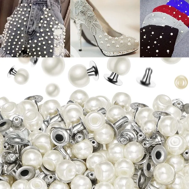 100Pcs Round Imitation Pearl Rivets Stud DIY Wedding Dress Decor Rivet Pearls Set Garment Shoes Bag Hat Accessories Beads Spikes