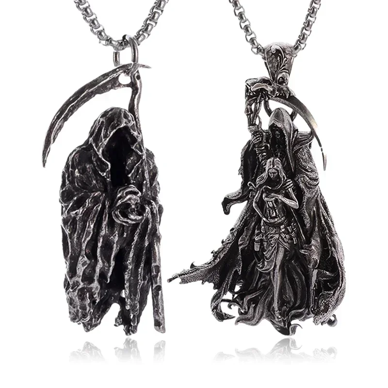 Death Scythe Pendant Hell Death Demon Skull Ghost Necklace Men\\\\'s Biker Punk Rock Halloween Party Jewelry