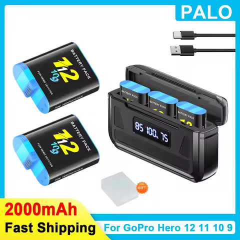 2000mAh Battery For GoPro Hero 12 Battery Pack Motion Camera Battery +LCD 3-Channel Charger For GoPro Hero 9 10 11 Sport Cameras