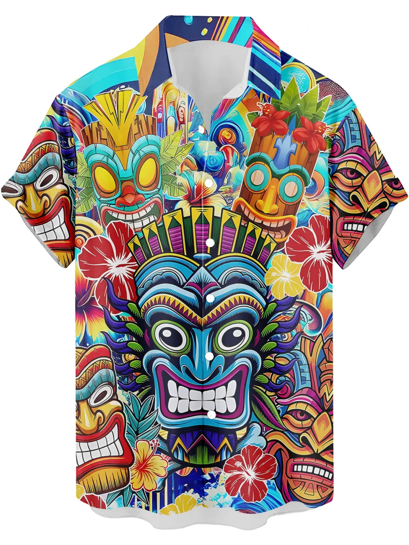 Men 3D All Over Print Colorful Tiki Mask Hibiscus Flower Palm Leaf Hawaiian Short Sleeve Beach Vacation Shirt