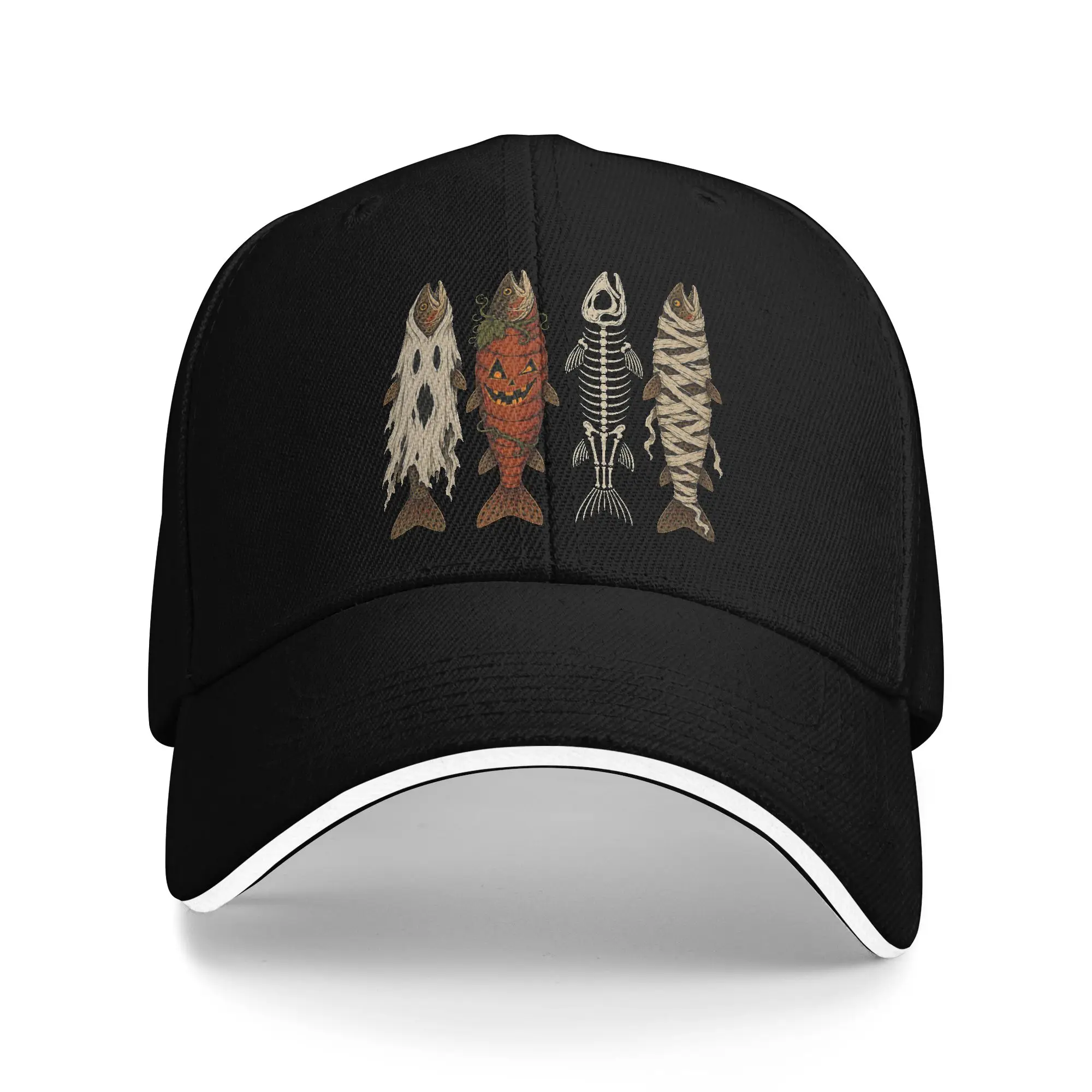 Halloween Trout Fish Ghost Pumpkin Sandwich Baseball Cap Hip Hop Skeleton Mummy Men Women Polyester Adjustable Sun Cap Adult Hat