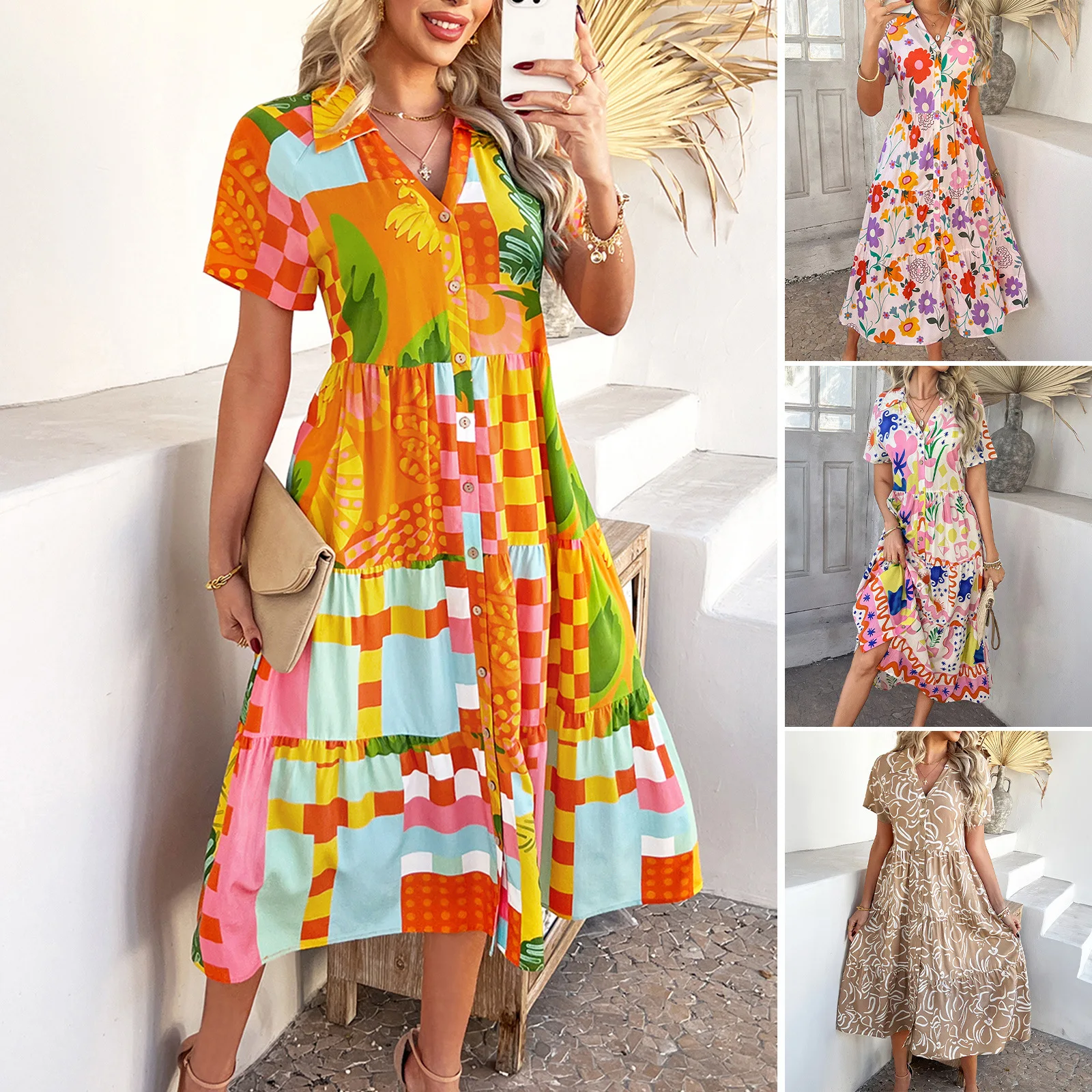 

Spring Summer Casual Bohemian High Waist Geometric Contrast Dress Sub Women's Wear Europe America 2025
