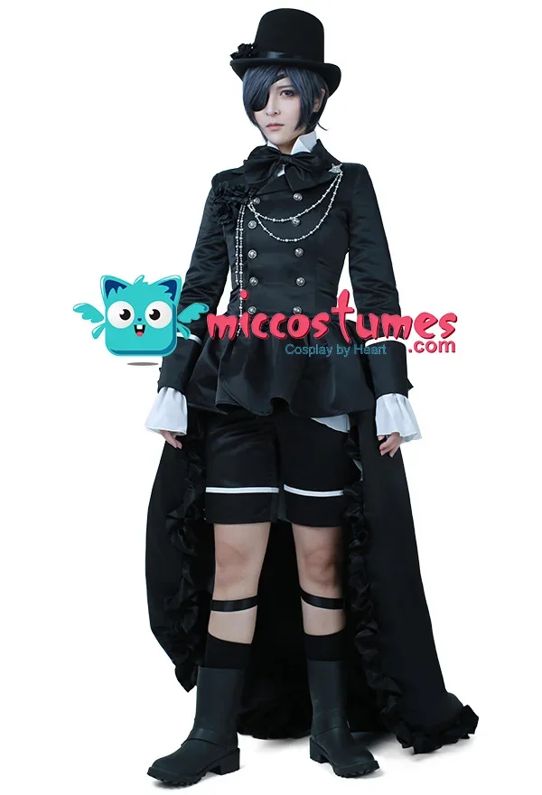 Miccostumes Unisex Classic Black Suit Dress Curvy Ciel  Cosplay Costume with Brooch and Dress Cloak