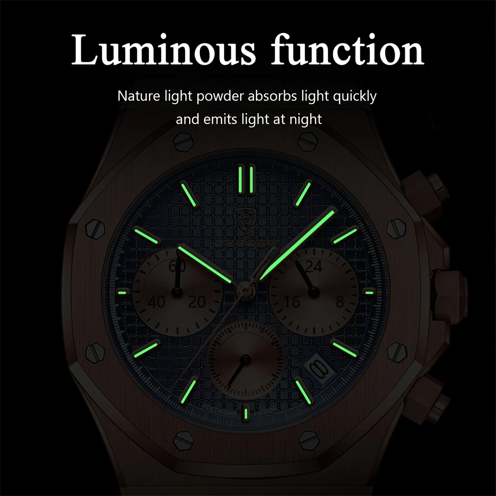 POEDAGAR, relojes originales de lujo para hombre, cronógrafo con fecha, reloj de cuarzo de acero inoxidable, reloj de pulsera luminoso resistente al agua a la moda para hombre