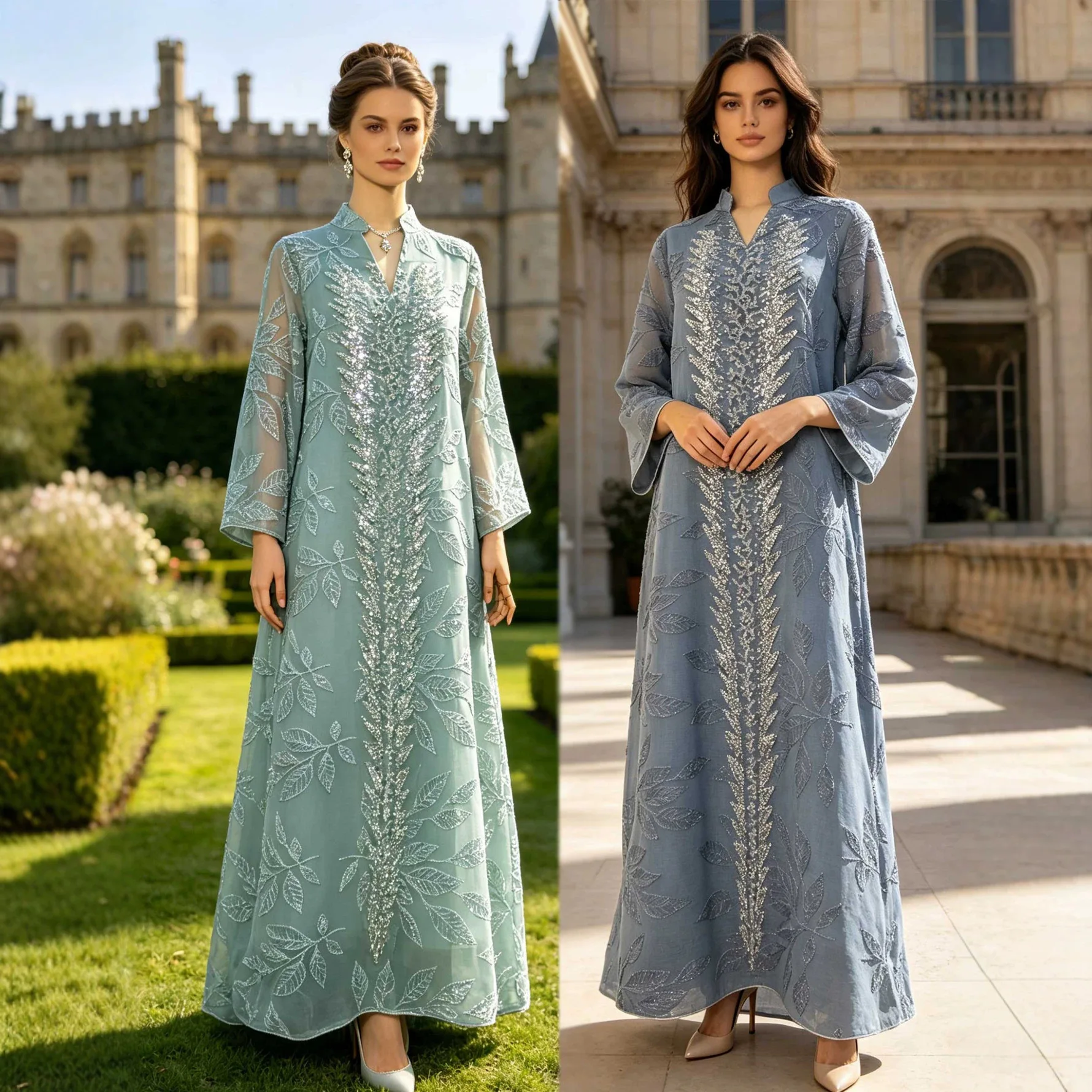

Ethnic-style Women's Dress, Fashionable And Elegant, With Sequin Embroidery, Leaf Pattern, Tulle Embroidery, Long Dress Elegant