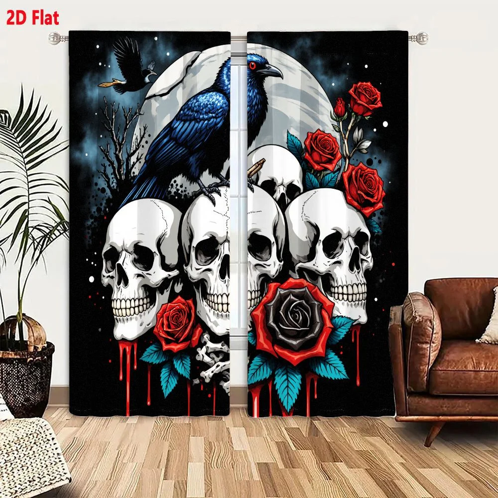 2Pcs Curtains 2D Flat Dark Gothic Skull And Rose Illustration With Moon Crow And Red Liquid Dripping Window Drapes for Bedroom R