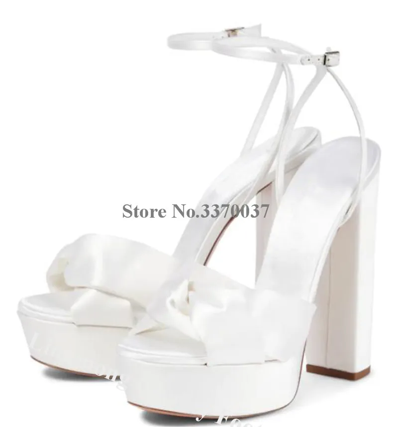 White Satin Chunky Heel Sandals Linamong Newest Bowtie High Platform Thick Heel Party Shoes Wedding Ankle Straps High Heels