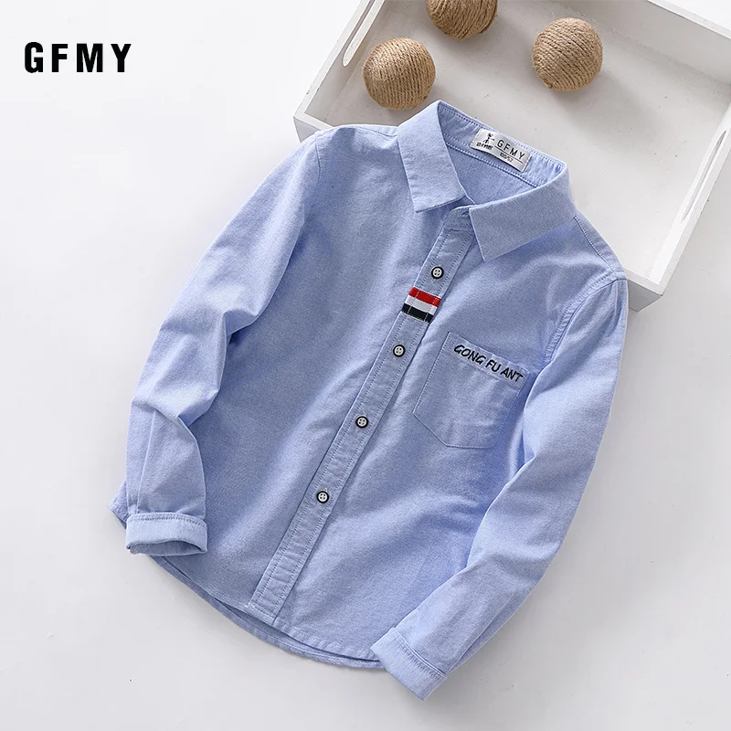 

Children's Shirts Spring 100% Oxford Textile Cotton Long-sleeved Lapels Embroidered Letters Blue Blouse 4-15 Years Boys Clothes