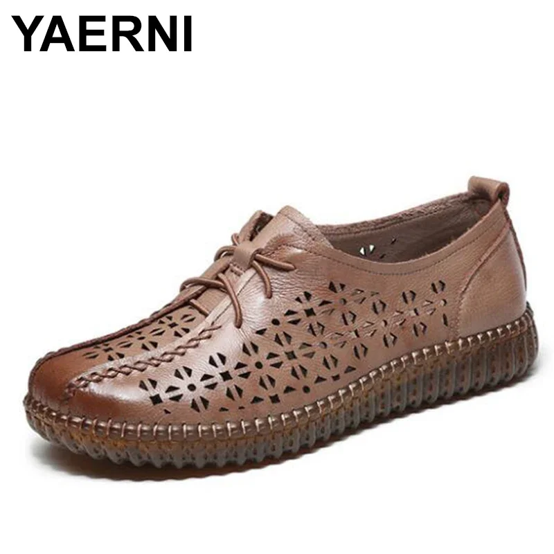 

YAERNI new women flat shoes woman fashion genuine leather shoes women soft-sole non-slip hole shoes breathable mom