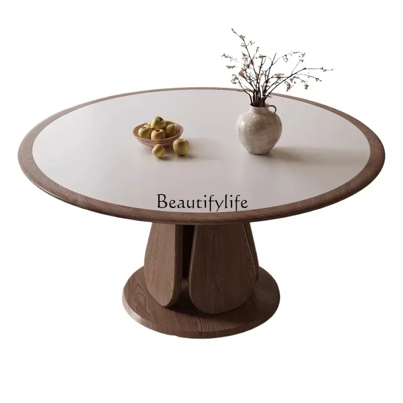 

New Arrivals Solid wood matte rock slab dining table with turntable imported light luxury modern 1.5m round tabless 7304