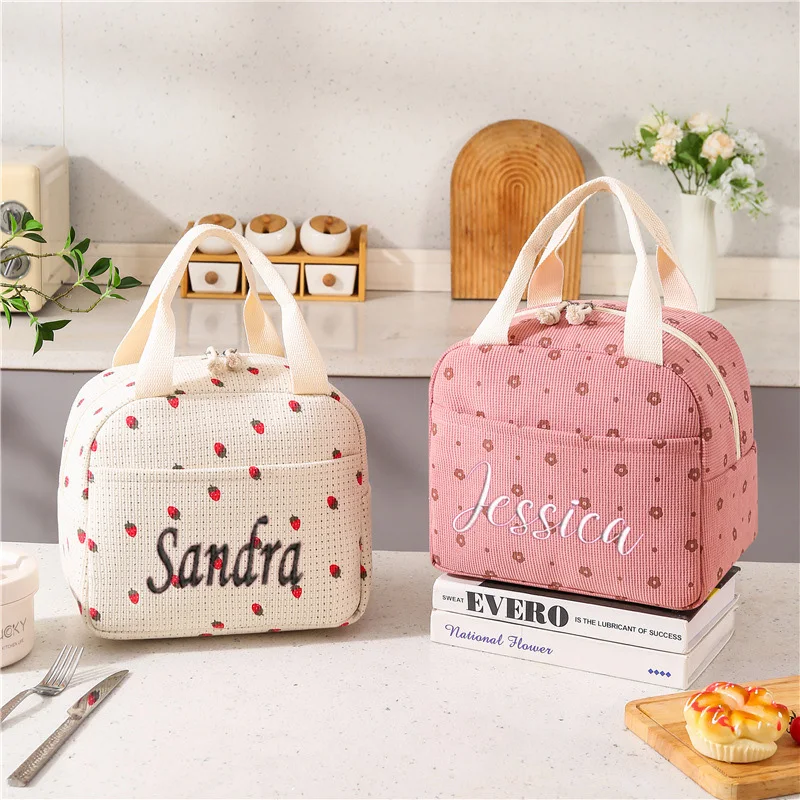 Personalized Custom Name Corduroy Lunch Bag Thermal Insulation Lunch Box Storage Handbag Kid School Cooler Bag Picnic Food Pouch