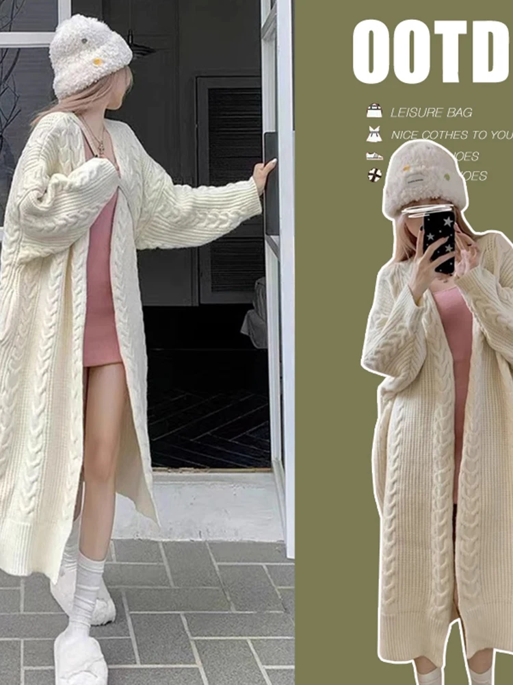 [oein] 2024 Sheep Wool Autumn And Winter New Knitted Cardigan Loose Slimming Medium Long Soft Sticky Sweater Pregnant Jacket