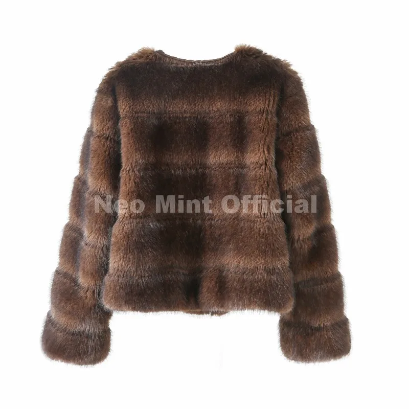 Neo Mint Vintage Brown Patchwork Fur Coat Women Winter 2025 Luxury Brand Fashion Faux Fox Fur Jacket Chic Street Girl Overcoats