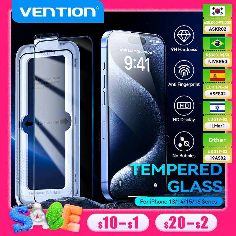 Vention HD Tempered Glass Screen Protector Oleophobic Coating Film With Dust-Free Installation Tool For iPhone 13-16Pro Max Plus
