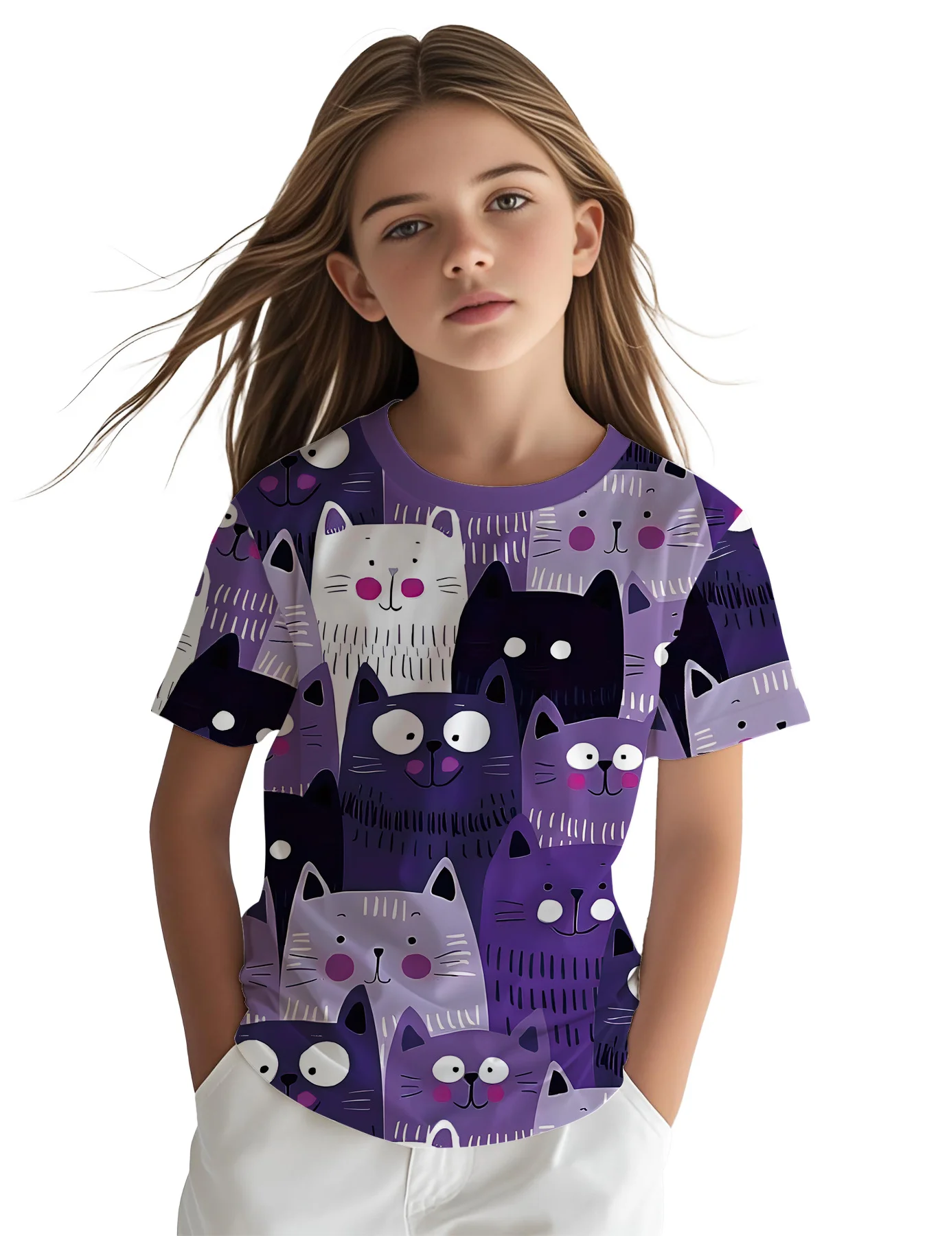 Girls Animal Themed T-Shirt, Purple Base with Various Cartoon Cat Portraits Casual Kids Graphic Top