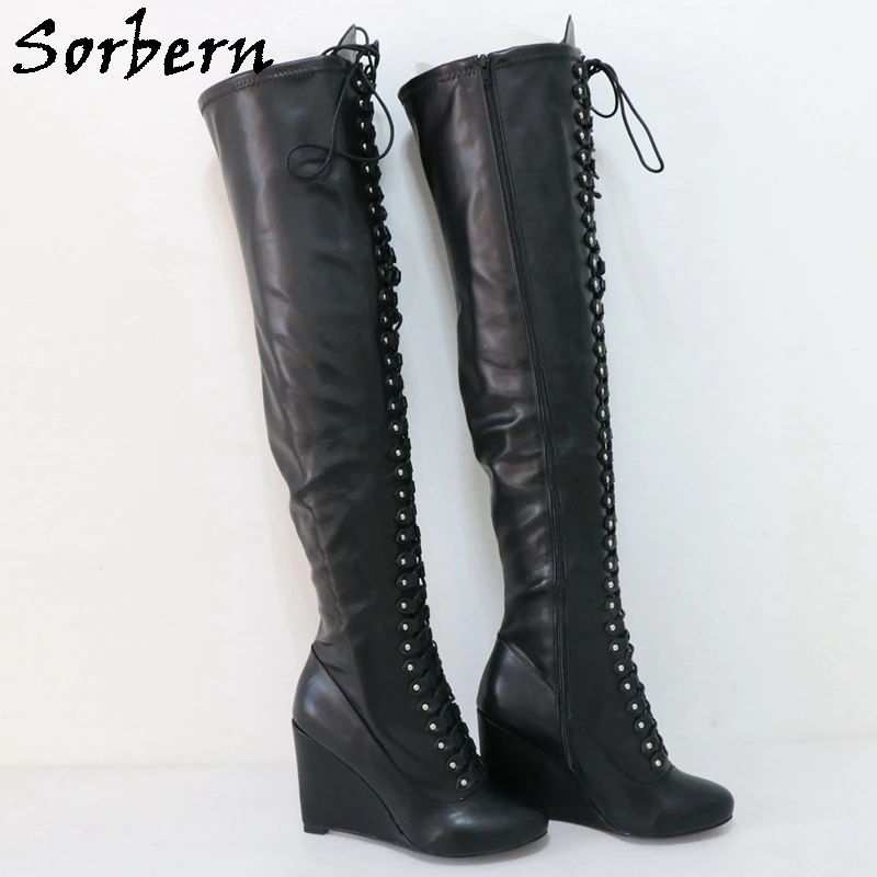 

Sorbern 11Cm Wedge Long Boots Women Unisex Style Round Toe Lace Up Mid Thigh High Unisex Style Fetish Shoes Custom Wide Slim Leg