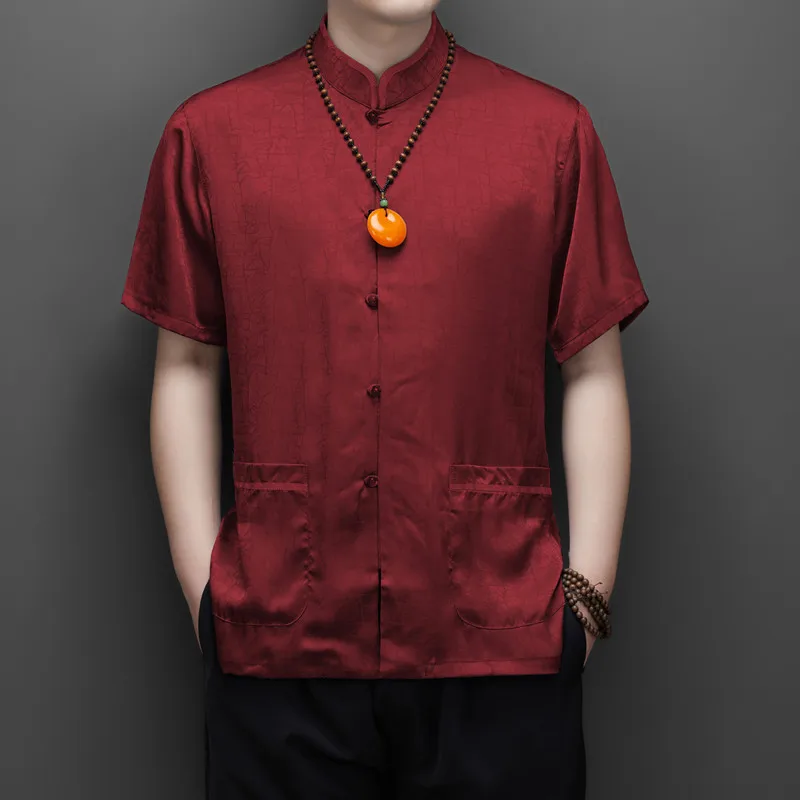 

Men Satin Shirts with Subtle Patterns Tunic Blue Red Coffee Navy Mandarin Collar Short Sleeve Silk-Touch Tops Summer M-3XL Size