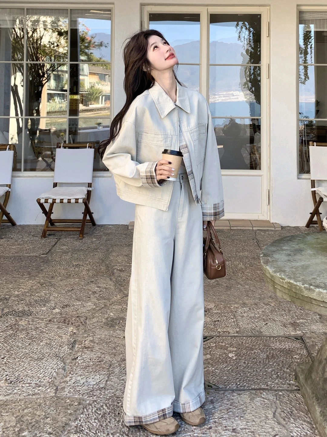 

Trendy Plaid Patchwork Waed Denim Jaet And Wide Leg Pants Set Women's Spring Autumn New Sle Faion Two Piece Set