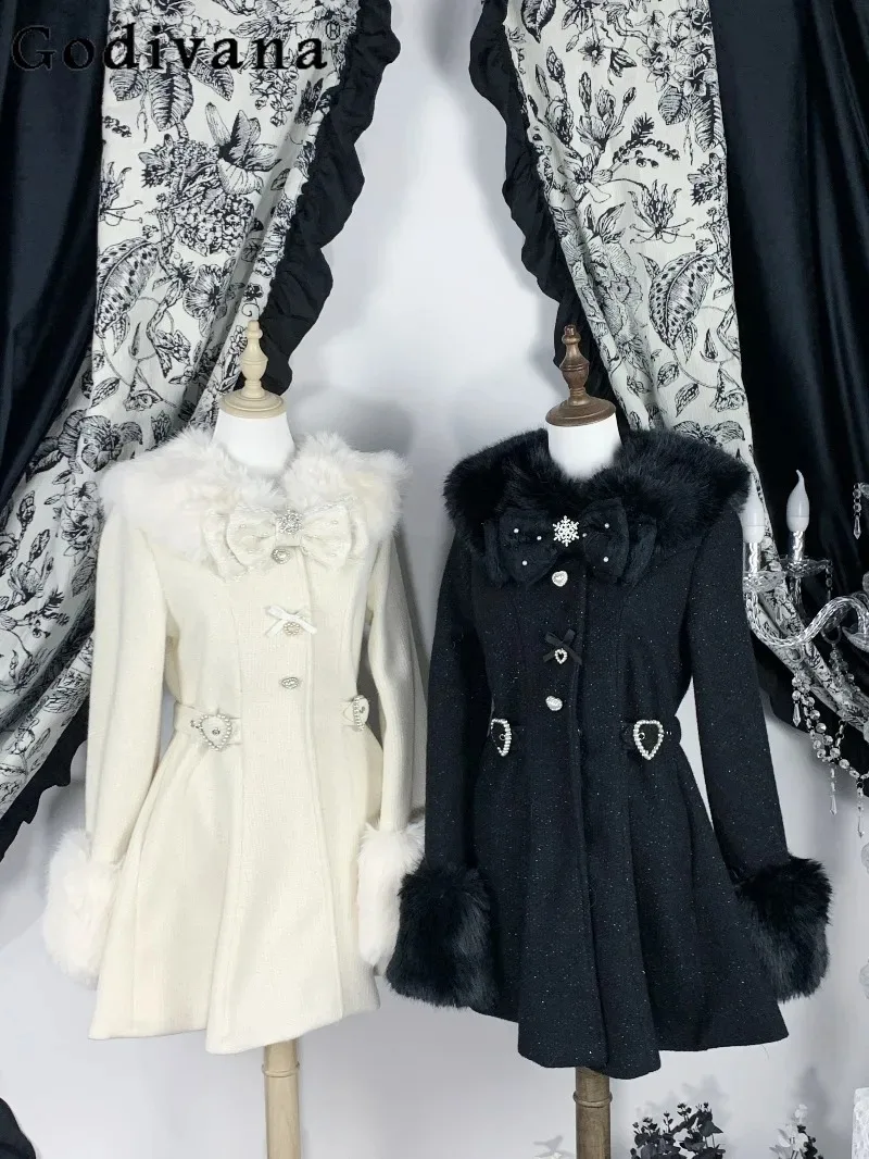 Abrigo de producción en masa con lazo y diamantes de imitación, diseño Original japonés de Lolita, chaqueta cálida y gruesa de estilo minero terrestre
