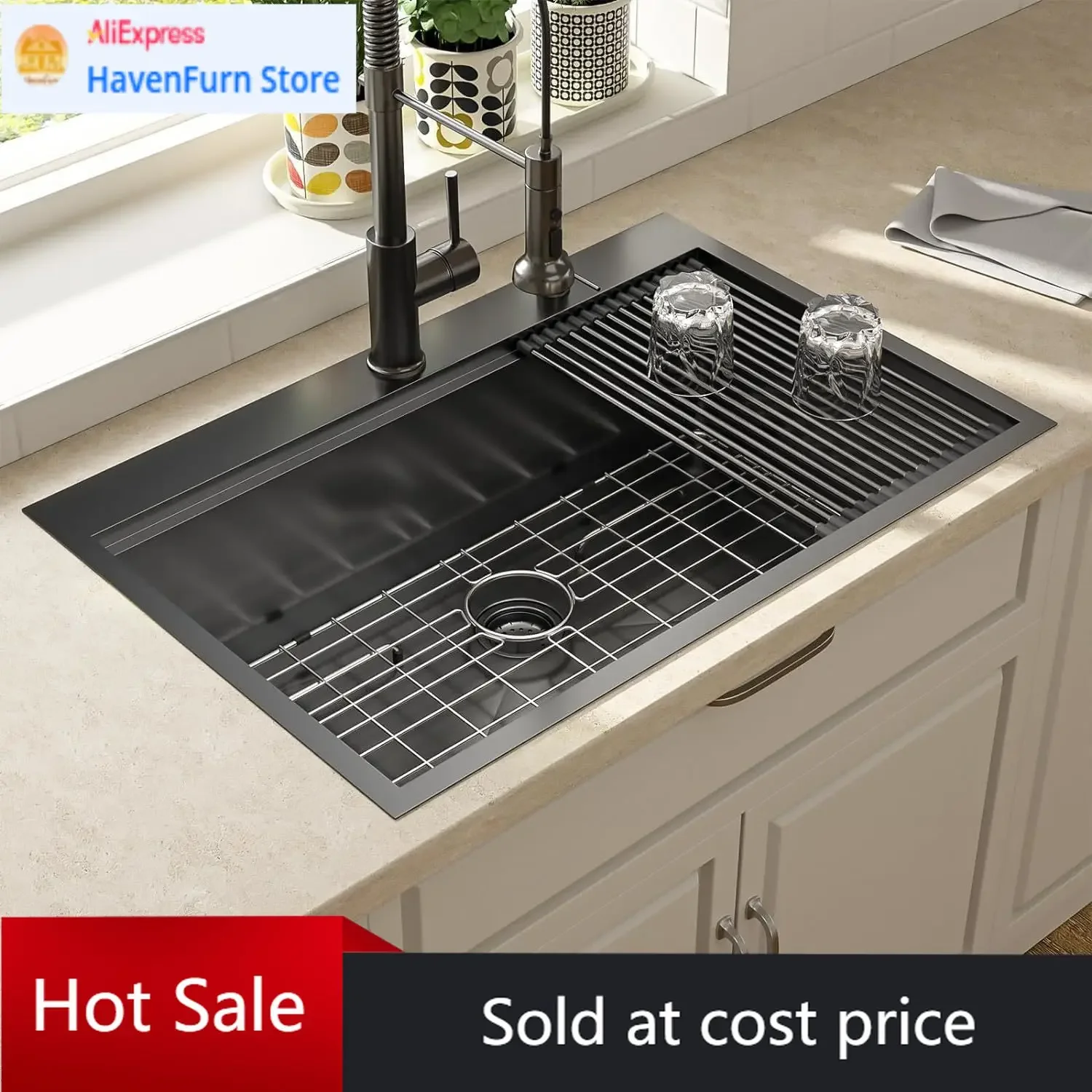 

Кухонная мойка из нержавеющей стали 30 дюймов, цвет черный металлик, с одной чашей, рабочая станция, все в одном, толщина 16 калибра, 30x22