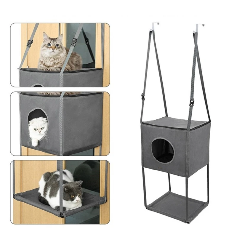 Cats Hammock 3 Story Door Mounted with Secure Belt Hanging House Townhome 3 Level Elevated Bed Rest for Home