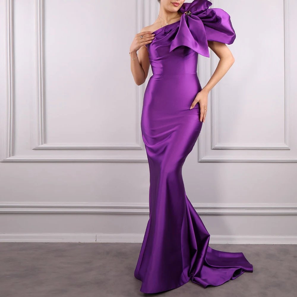 

CustomizedPurple Satin Sleeveless Mermaid One Shoulder Floor Length Pleats Court Train Elegant Party Dresses Woman Crystal Clas
