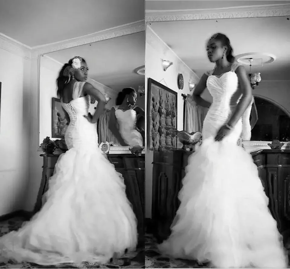 Customized Mermaid Wedding Dresses Cascading Ruffles Draped African Chapel Garden Country Bridal Gowns Plus Size