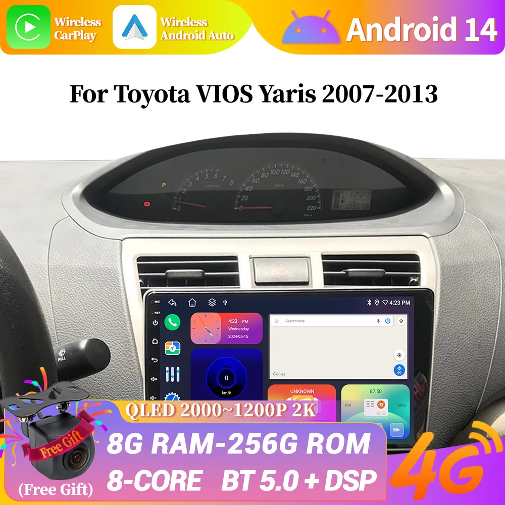 

Android 14 For Toyota VIOS Yaris 2007-2013 Car Radio Multimedia Navigation GPS Bluetooth Carplay Head Unit Touch Screen Stereo