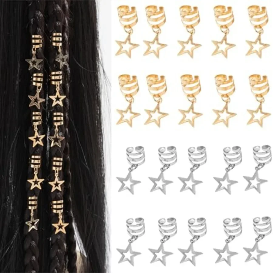 

20Pcs Hollow Star Hair Cuffs - Metallic Braid Rings for Dreadlocks, Twists, Braids Boho Hair Jewelry Clip Inch for Women