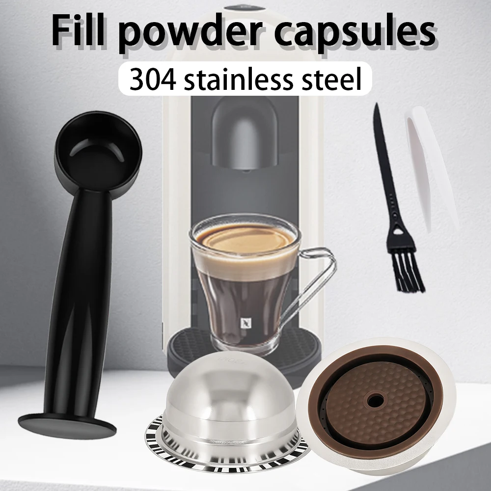 Reusable Stainless Steel Vertuo Pods, Refillable Coffee Capsule with Silicone Lid, for Vertuoline, with Tamper & Brush