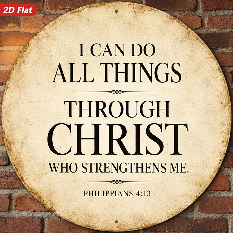 2D Flat, 1pc Biblical Strength Verse Round Metal Sign Wall Art, I Can Do All Things Message, Vintage Parchment Aesthetic, Rustic