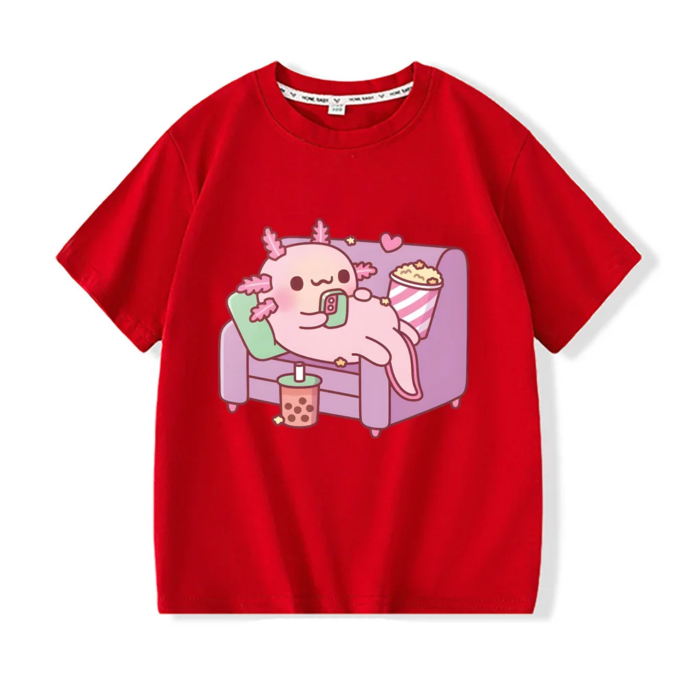 Cute Axolotl Hugging Donut Kids T-Shirts Hot Game  Anime T-shirt Boys and Girls Children Tee-shirt Short Sleeve Cotton Casual