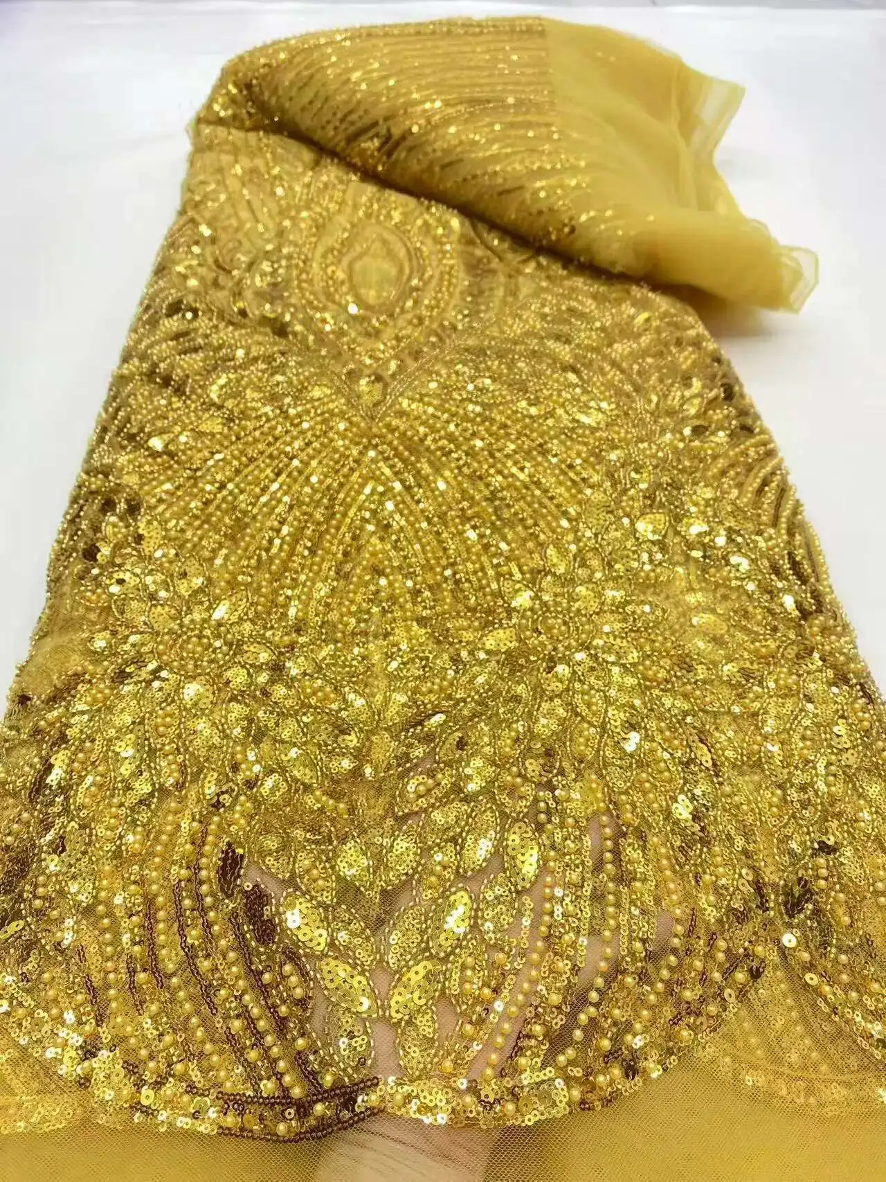 

African Sequins Beaded Lace Fabric 2025 High Quality Sequence Embroidery French Nigerian Lace Fabric For Wedding Dress Material