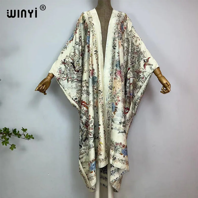 WINYI High-grade double-sided Bohemian Printed silk dress coat Beach Wear Cover up fashion elegant Holiday party Cardigan kimono