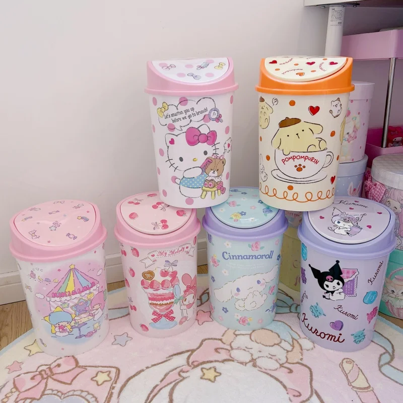 Hot Sanrio Cartoon Cute High Appearance Level Hellokitty Kuromi Trash Can Net Bathroom Bedroom Living Room Garbage Basket Gifts