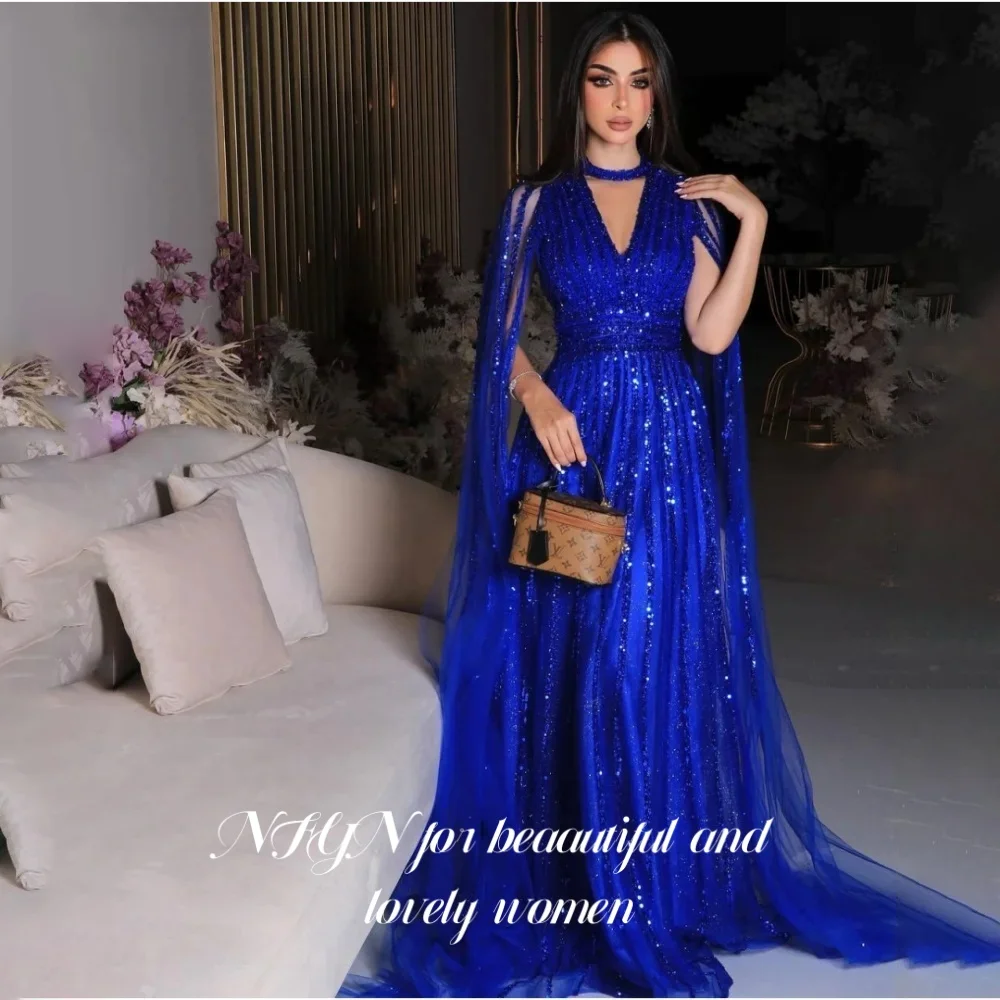 

NFYN Blue Elegant Formal Gown V-Neck Tulle Prom Dresses Sequins Back Zipper Evening Dresses for Woman robe de bal Customized