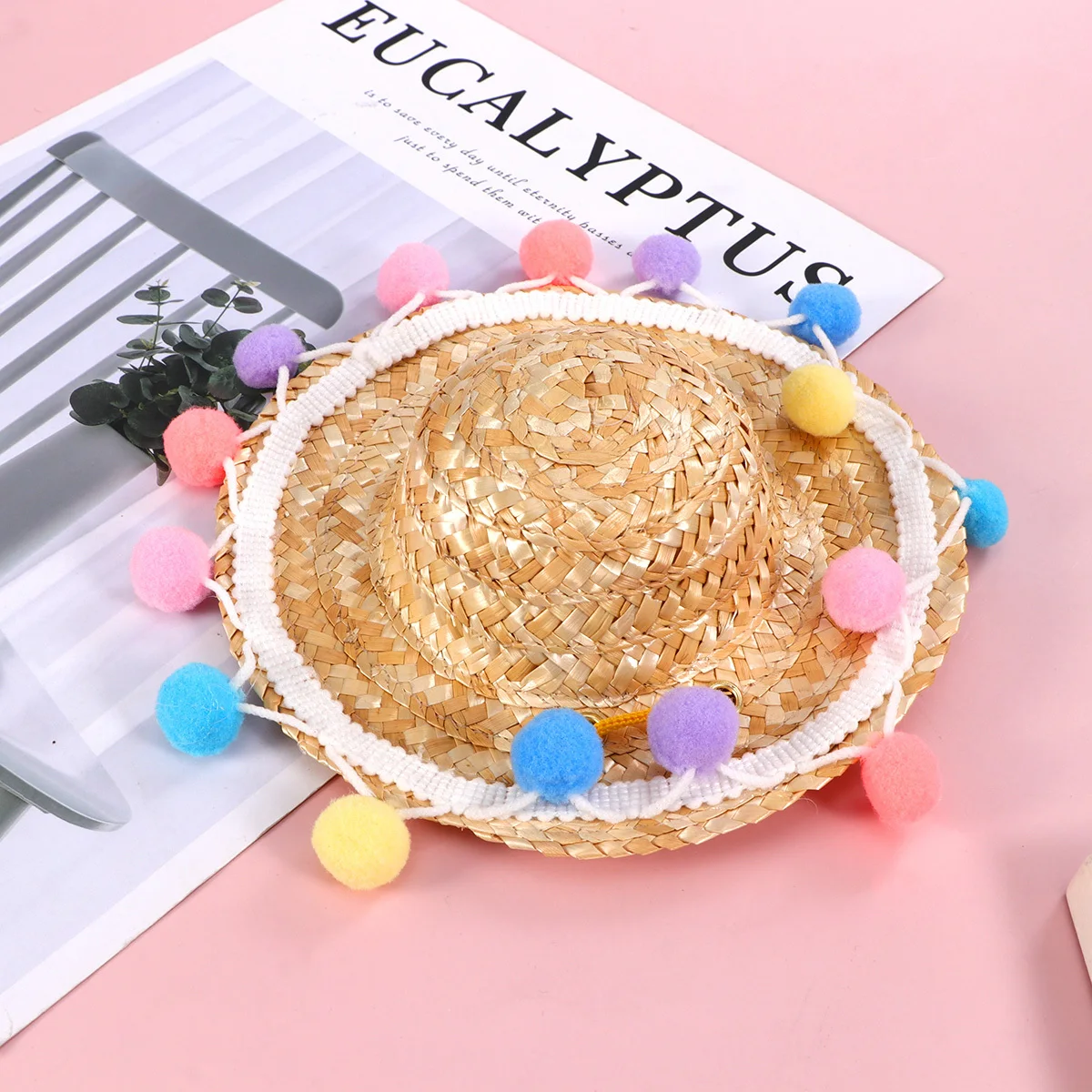 1Pcs Pet Bamboo Hat Creative Straw Woven Design for Cats Dogs Sun Protection Lightweight Breathable Hat for Vacation Photo Props