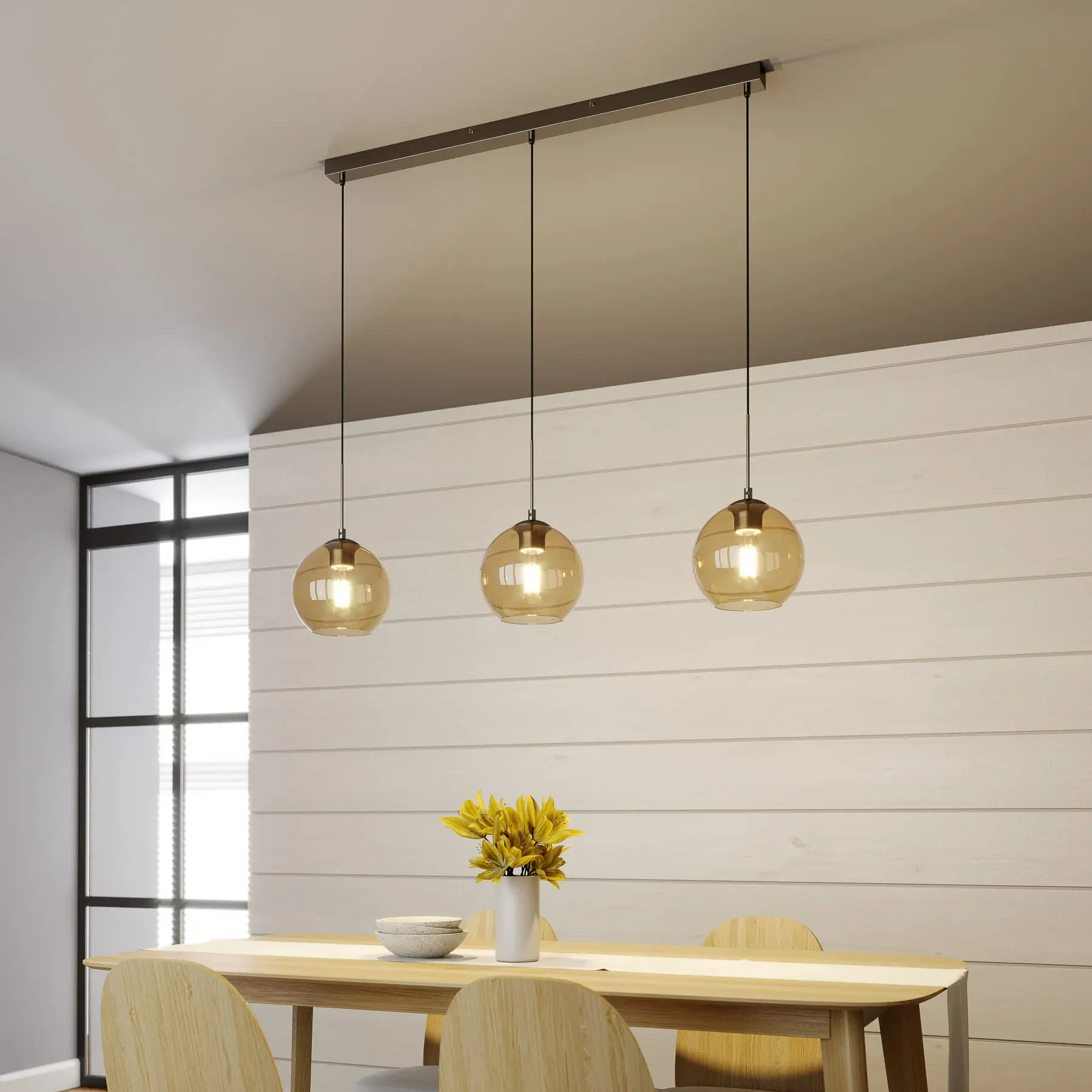 Pendant Lamp Glass Metal Dining Table Hanging Lamp 3xE27 Amber Glass Ceiling Pendant Light Glass Ball Kitchen Island Ø20cm