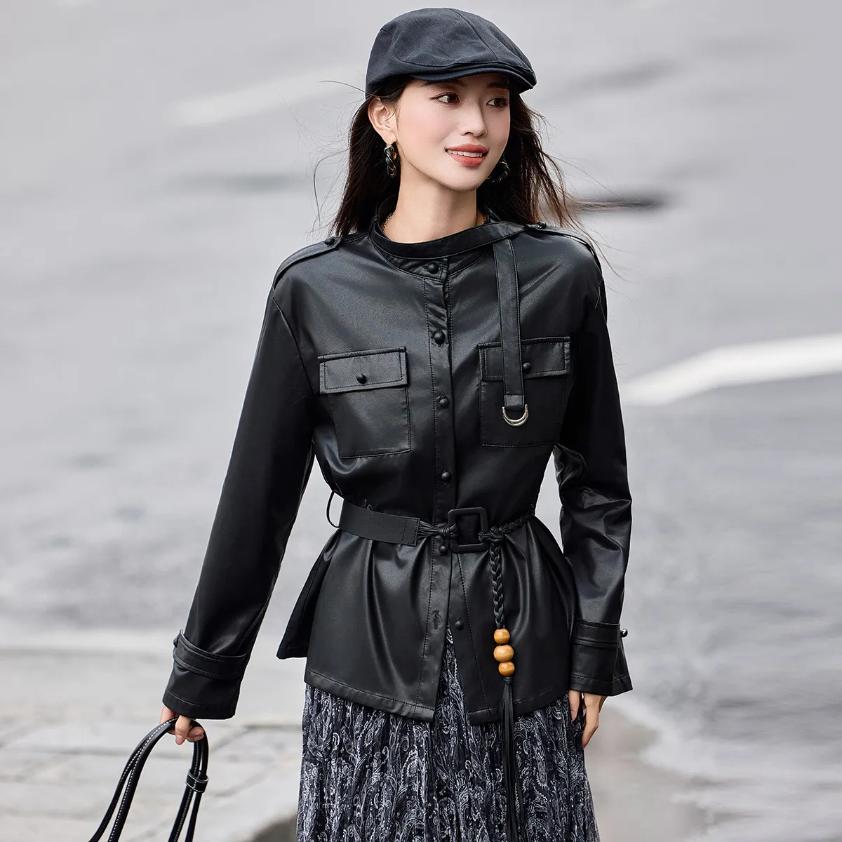 LOUIS YAO Retro Vintage-Style Faux Leather Women's Jacket 2025 Winter Drop Shoulders Stand Collar Cardigan Jacket for Women