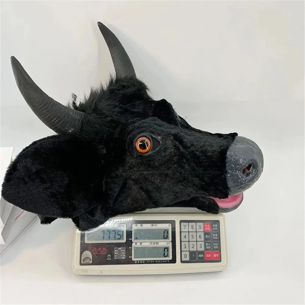 Funny Animal Black Cow Full Face Mask Realistic Moving Mouth Horn Full Head Masks Horror Black Cow Plush Headsuit Halloween Prop