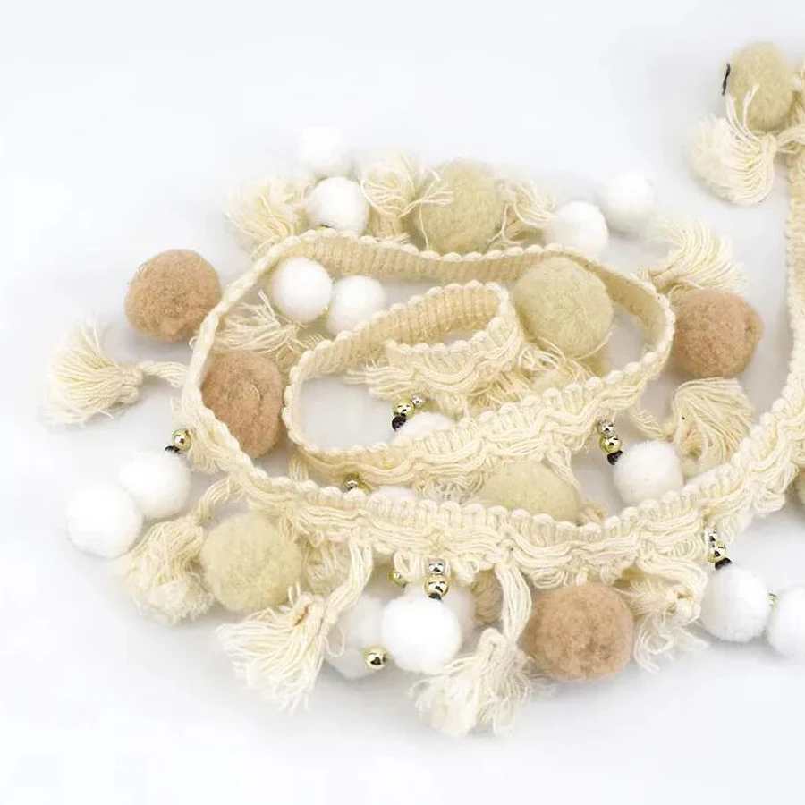 1Y Pom Trim Ball Wide 6CM Fringe Ribbon Sewing Beige White Lace Kintted Fabric Beaded Handmade Craft Accessories
