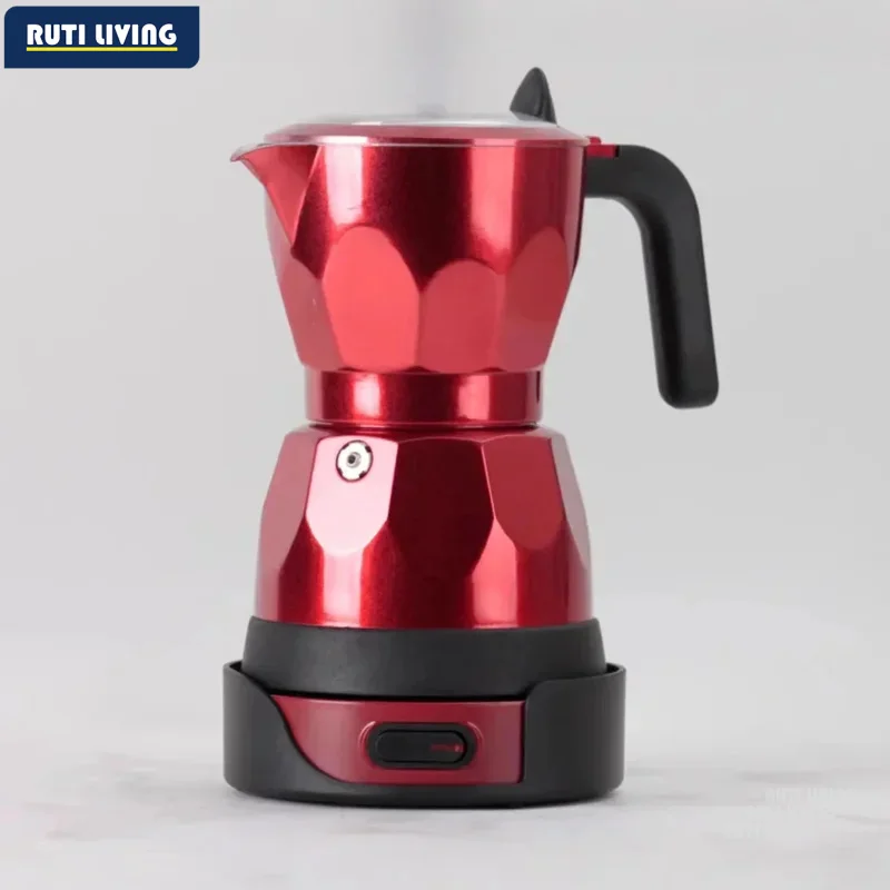 150ml/3 Cups Electric Coffee Maker Portable Aluminum Mocha Pot Electric Italian Percolator for Home Red