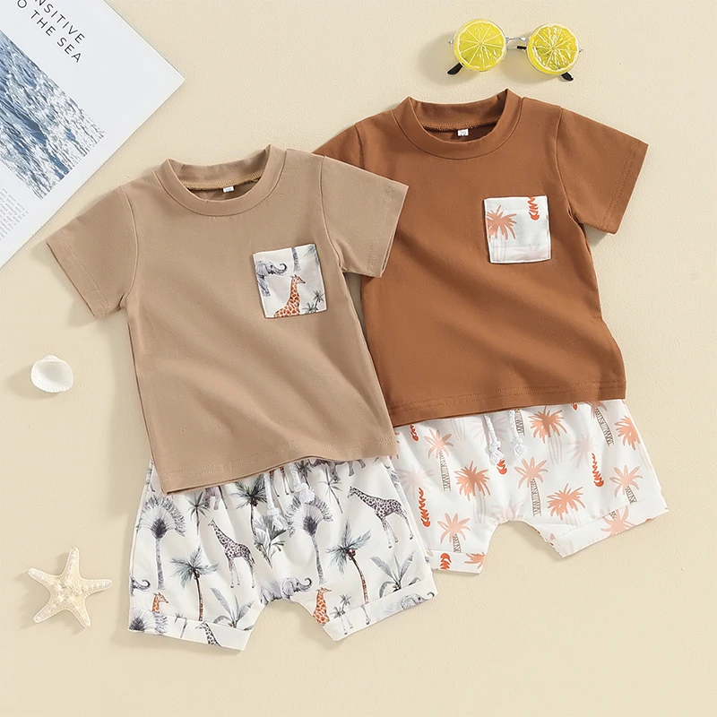 

Tregren Toddler Boys Summer Outfits Infant Baby Vacation Hawaii Clothes Animal Print Short Sleeve T-Shirt and Elastic Shorts Set
