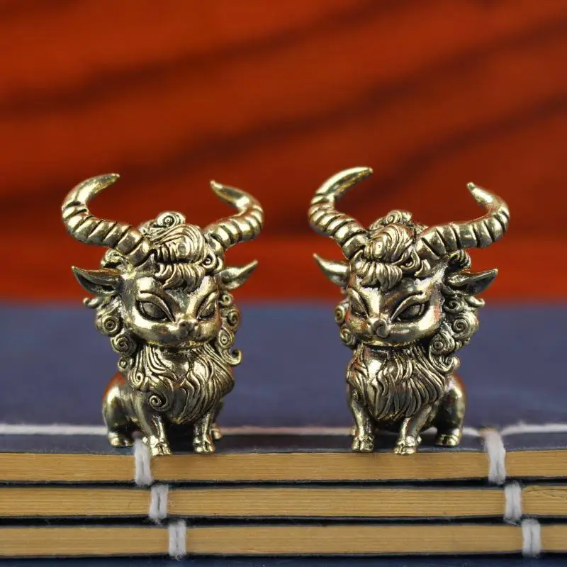 Mini Brass Qilin Figurine Traditional Chinese Feng Shui Auspicious Ornament Small Statue for Home Office Desk Decor Collection